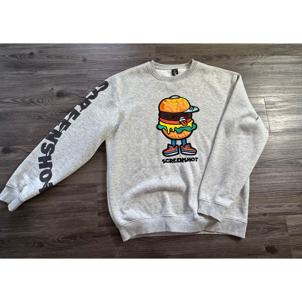 Screenshot Brand Mens 3XL Gray Hamburger Graphic Embroidered Sleeve Sweatshirt